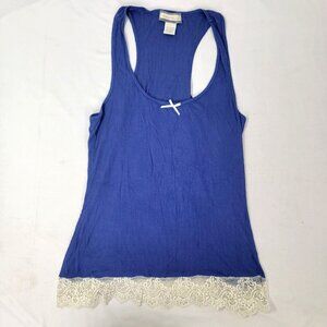 Zoe & Bella Women's Tank Top Cami Shirt Sleeveless Blue Ribbed Lace Bottom LARGE